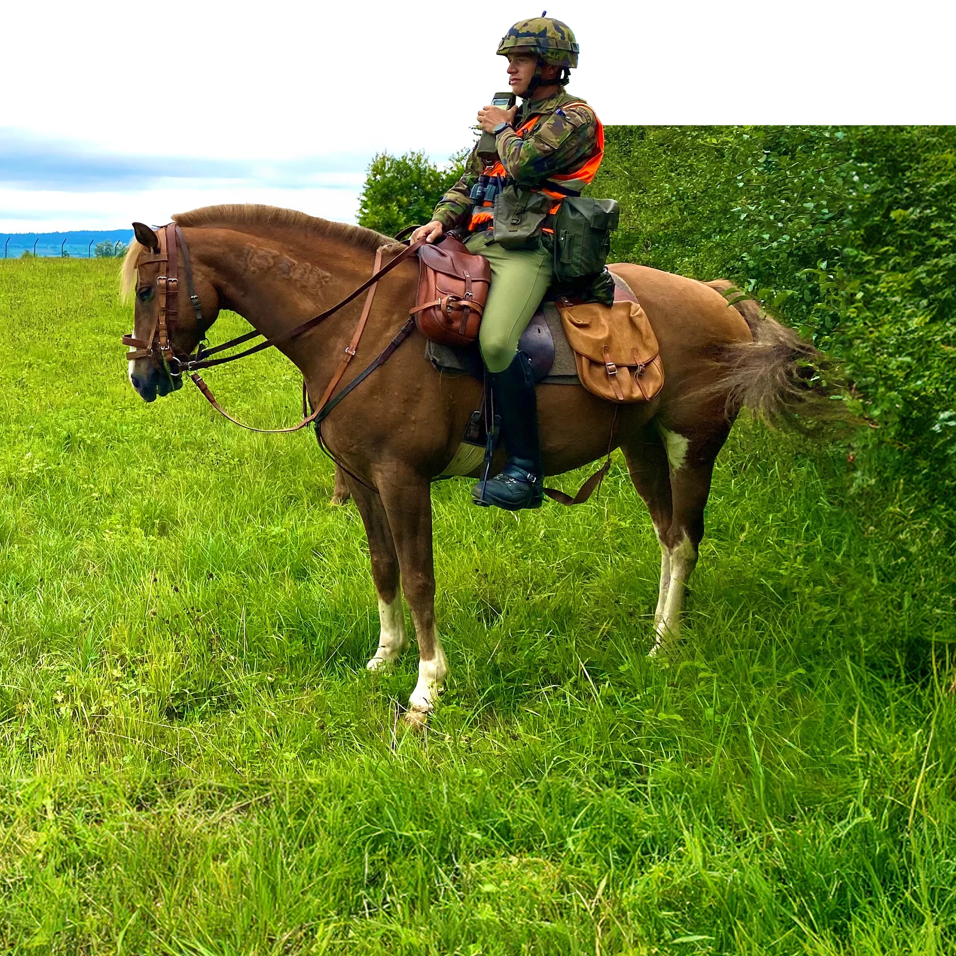 Trainsoldat führt Pferd an Leine